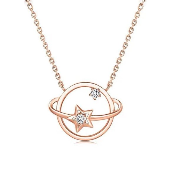Rose Gold/Sterling Silver Diamond Planet Necklace - Picture 7 of 7